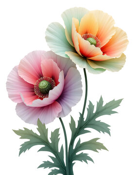 Bright blooms of poppy flowers stand tall with soft colors in a simple design against a white background Generative AI