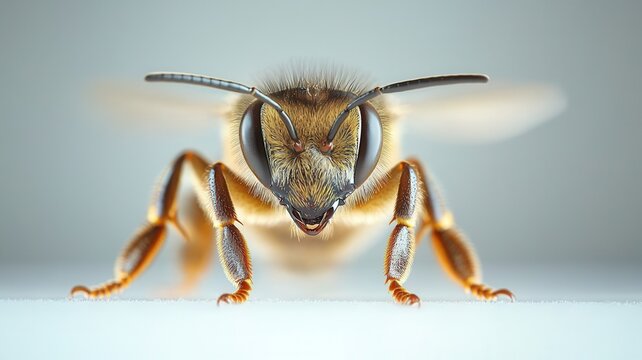 Honey bee head macro close up focusing on intricate facial features compound and hairy antennae eyes
