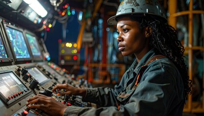 Obraz premium Female Industrial Engineer Operating Control Panel with Multiple Screens in a Factory Setting, Focused on Monitoring Machinery Processes, Warm Interior Lighting, Detailed Close-Up