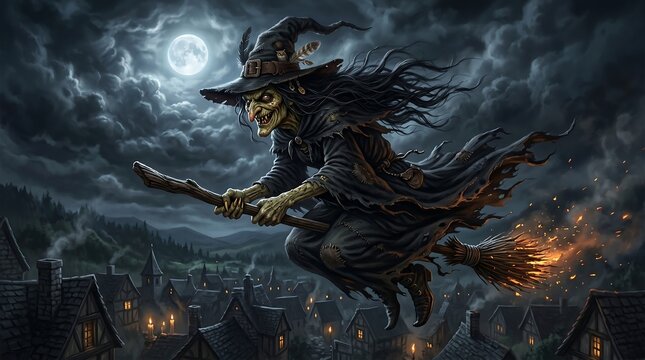 A hideous green-skinned witch with flying hair rides a sparking broomstick over a dark medieval village under a bright full moon and storm clouds.