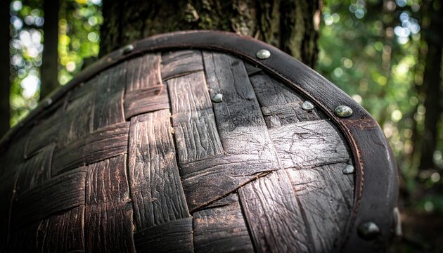 Close Up of an Ancient Woven Wooden Viking Shield with Leather Trim and Metal Studs in a Forest Setting, Soft Bokeh Background