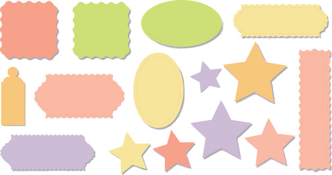 Decorative pastel label shapes set, colorful stars, scalloped badges, retro tags, geometric design elements, vector illustration
