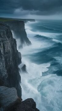 Dramatic waves crashing against rugged cliffs in dramatic, stormy weather, with powerful white sea spray, symbolizing nature's raw power and untamed beauty
