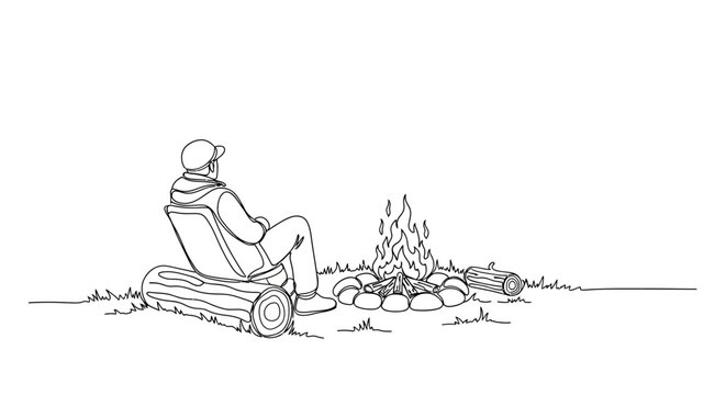 A man sitting on a log by a campfire sketch illustration.