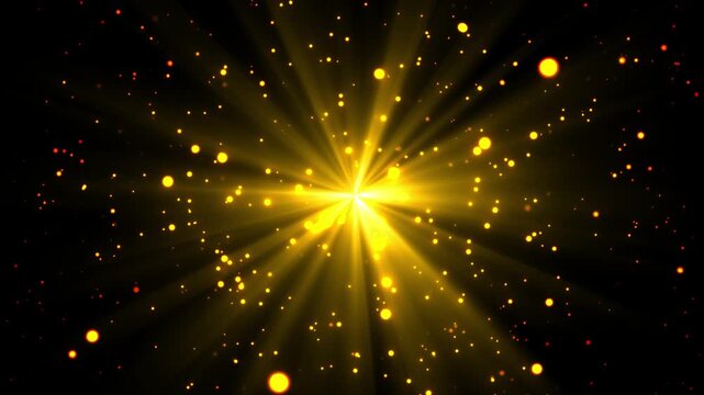 Radiant cosmic explosion with bright golden light rays and sparkling dots against deep space backdrop