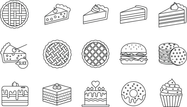 Dessert and snack outline icons set including pie, cake, cookies, donut, cupcake, waffle, and burger for menus and packaging
