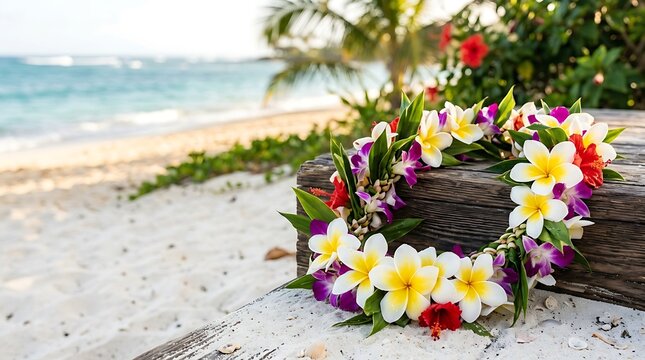 Tropical flower lei resting on a wooden bench at the beach