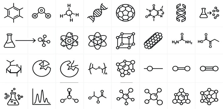 Scientific Chemistry and Molecular Structure Icon Set Featuring DNA, Atomic Models, Chemical Formulas, Nanotechnology and Research Symbols