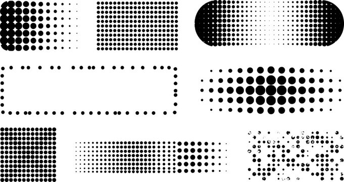 Set of Black Halftone Rectangle Frames and Dotted Banner Design Elements on White Background