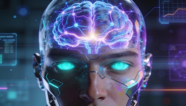 Close-up of a human-like robot with an illuminated, glowing brain structure and circuit patterns, representing artificial intelligence, innovation, and futuristic technology