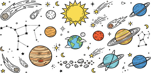 Solar System and Space Doodle Illustration Collection Featuring Planets, Sun, Earth, Comets, Constellations, Asteroids and Astronomy Elements © Jaba