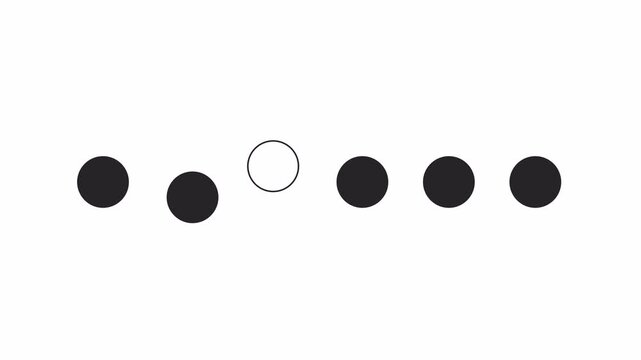 Simple graphic illustration of five filled circles with one empty circle in between on transparent background