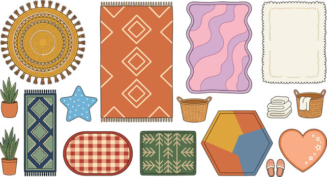Boho Home Decor Rug and Carpet Vector Set with Woven Mats Wicker Baskets Plants and Cozy Floor Coverings