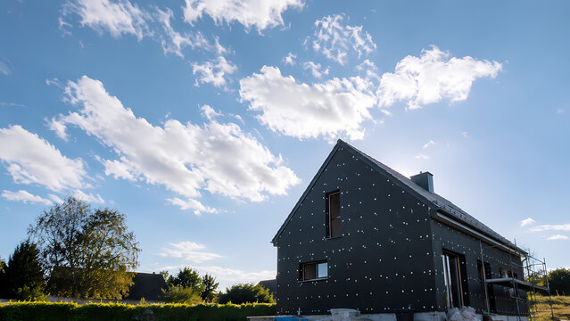 R&eacute;novation &eacute;nerg&eacute;tique, chantier d'Isolation thermique de la fa&ccedil;ade d'une maison individuelle, id&eacute;al pour blog ou article sur le changement climatique