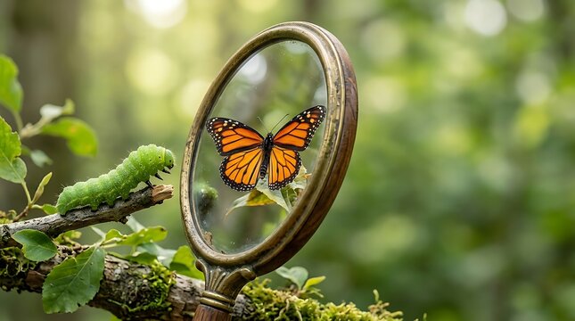 Green caterpillar seeing its butterfly transformation through a lens