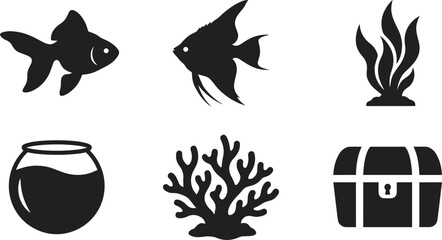 Aquarium and Undersea Life Silhouette Icon Set Featuring Goldfish, Angelfish, Seaweed, Fishbowl, Coral Reef, and Treasure Chest Vector Illustrations © Md