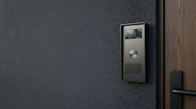 Modern smart video doorbell camera on a dark textured wall