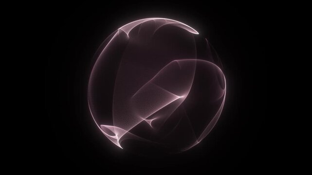 Soft light pink sphere of glowing particles. Delicate 3D pink sphere transparent smoke. Digital liquid pink sphere with a soft glow looped. Transparent pink fluid sphere isolated on black background.