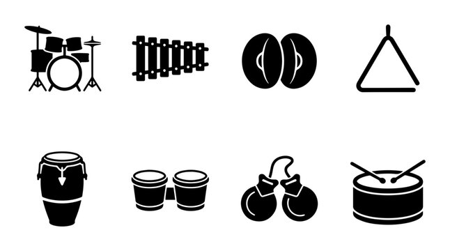 Percussion Instrument Icons Set: Drum Kit, Xylophone, Congas, Bongos, Castanets, Triangle, Maracas, Snare Drum