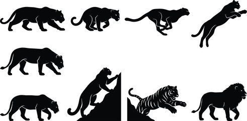 Obraz premium Big Cat Predator Silhouette Collection Featuring Panther Tiger and Lion