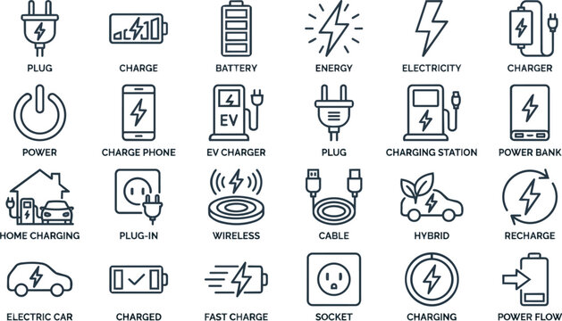 Minimalist set of electrical charging icons featuring energy symbols and power supply elements on transparent background