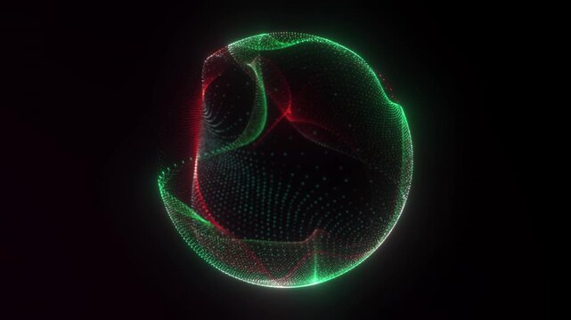Red and green fluid transparent sphere of particles. Green and red digital sphere. Orb on isolated black background. Bright gradient liquid energy core. Liquid 3D sphere. Sphere subtle gradient glow.