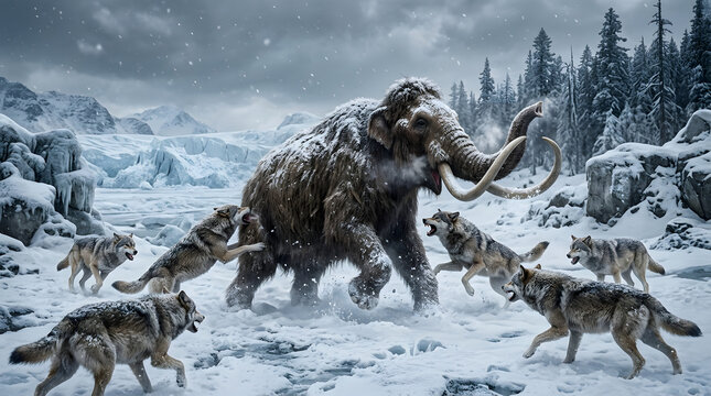 Woolly mammoth defending against a pack of wolves