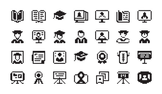Pixel art education and knowledge icons with books, graduation caps, computers, and presentations.