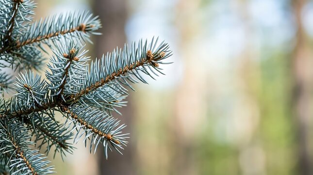 Close up of blue spruce branches in a sunny forest setting