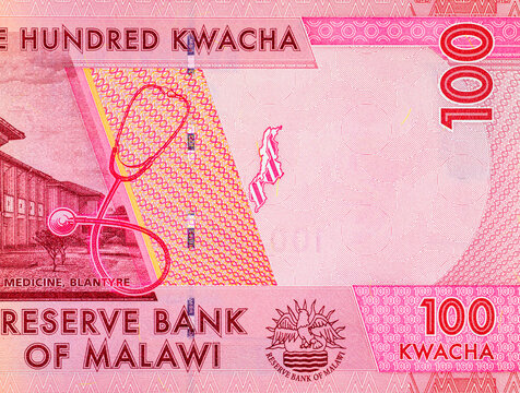 100 Malawi Kwacha Banknote fragment for designers. Money of Malawi and Africa.