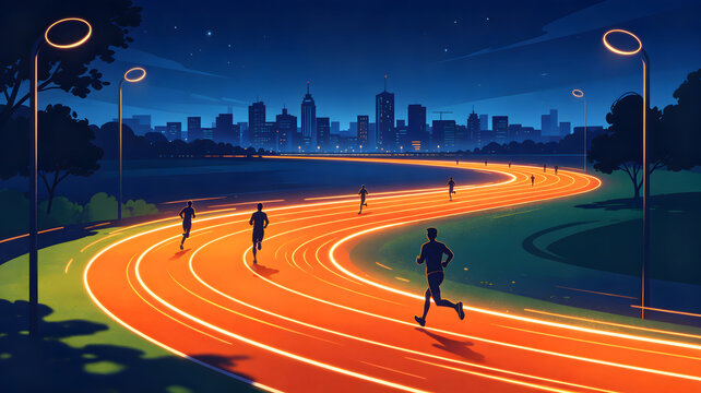 Summer city night running dynamic vector background