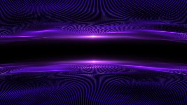 Abstract purple mirrored waves dark blue background, soft purple light rays. Digital sea particle wave background. Violet surface waves, liquid smoothness. Reflected purple wave space seamlessly