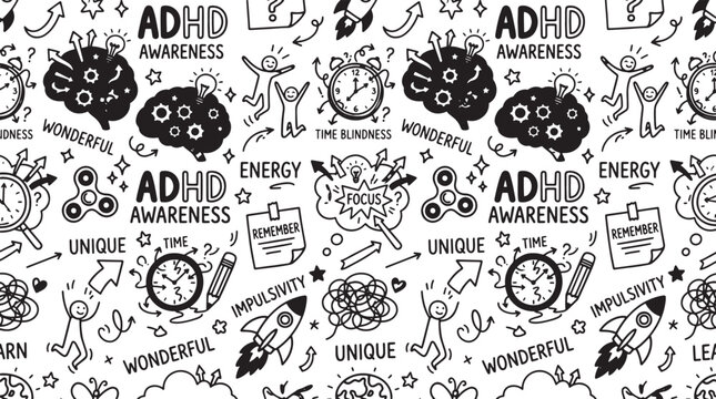 ADHD awareness seamless pattern with mental health doodle icons