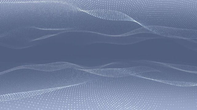 White reflective particle landscape. Abstract dotted wave surface mirrored across soft gray background. Minimal digital motion space. Seamless 4K loop.