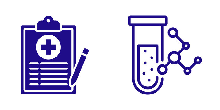 Medical clipboard and test tube icons isolated on transparent background