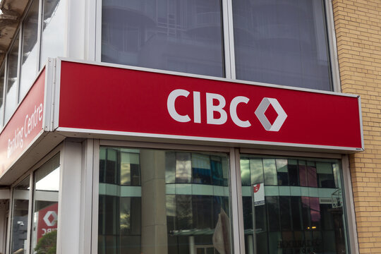 Ottawa, Canada - May 28, 2026: CIBC bank sign on building facade. Canadian Imperial Bank of Commerce logo