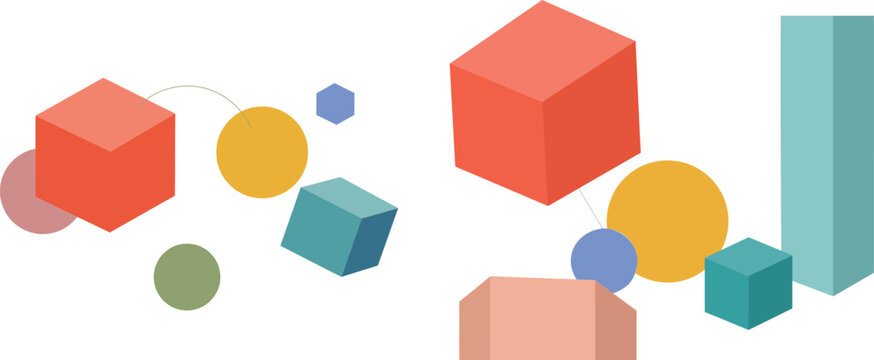 Abstract isometric geometric shapes including cubes spheres and rectangles isolated on transparent background