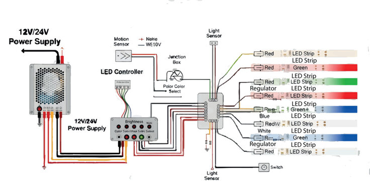 A circuit diagram for a 12v/24v power supply and led controller
