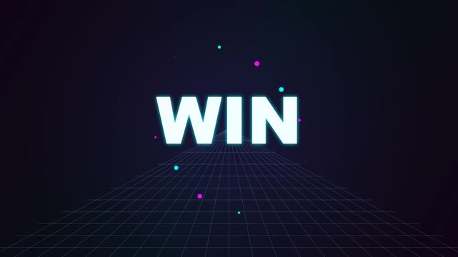 Neon Win Text Animation with Retro Grid Background and Floating Particles