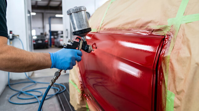 Worker spray painting a red car in an auto body shop. Vehicle restoration, professional craftsmanship, automotive repair, manufacturing process.