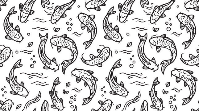 Koi fish seamless pattern with Japanese carp line art doodle