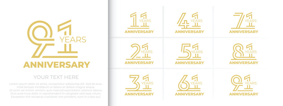 Premium Anniversary Logotype Collection (Years 11, 21, 31, 41, 51, 61, 71, 81, 91). Luxury Vector Emblems for Corporate and Personal Jubilees.