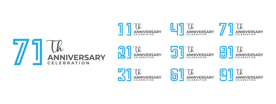 Premium Anniversary Logotype Collection (Years 11, 21, 31, 41, 51, 61, 71, 81, 91). Luxury Vector Emblems for Corporate and Personal Jubilees.