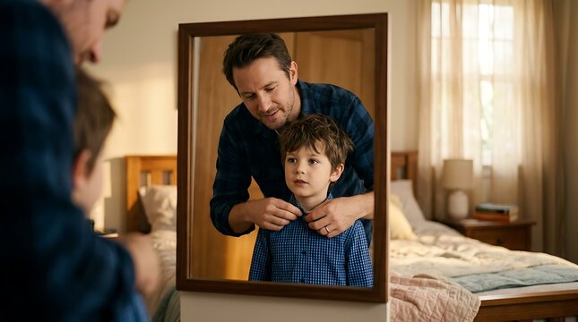 A man helps a young boy button up his blue gingham shirt while looking in a mirror in a bedroom fathers day concept