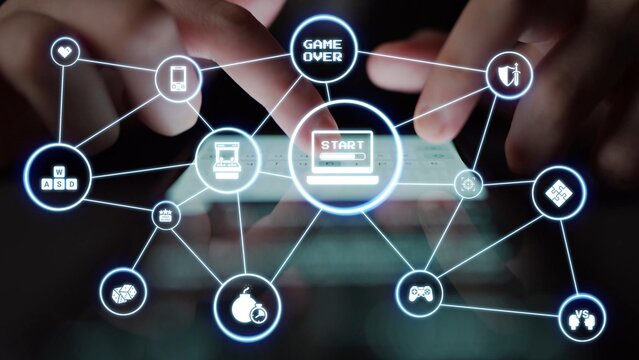 Gaming icons show online gaming, game streaming, and interactive play. Gaming supports esports, game community, and digital gaming experience. Funnel