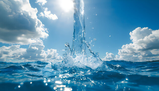 Fresh Water Splash with Crystal Clear Drops and Bubbles on Blue Sky Background Abstract Liquid Wave Nature Freshness Concept