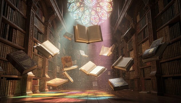 Enchanting Library Scene Where Ancient Books Mystically Float, Illuminated by Vibrant Light Streaming Through a Stained Glass Window, Evoking Wonder and Knowledge
