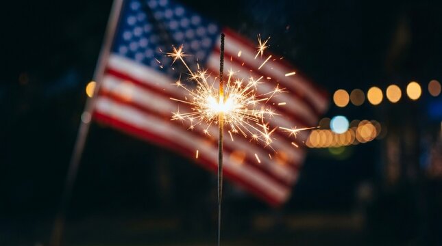 Sparkler burning brightly in front of an american flag at night