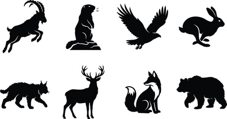 Obraz premium European alpine wildlife and mountain forest animal black silhouette vector set featuring ibex marmot eagle hare lynx deer fox and bearEuropean alpine wildlife and mountain