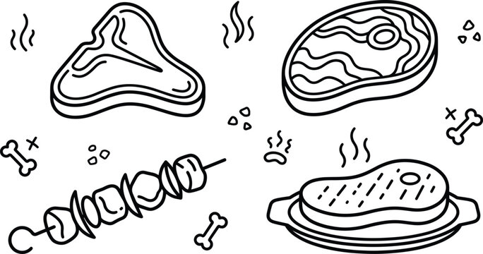 Raw and grilled meat steaks vector elements set featuring tbone steak kebab skewer bones and plate
